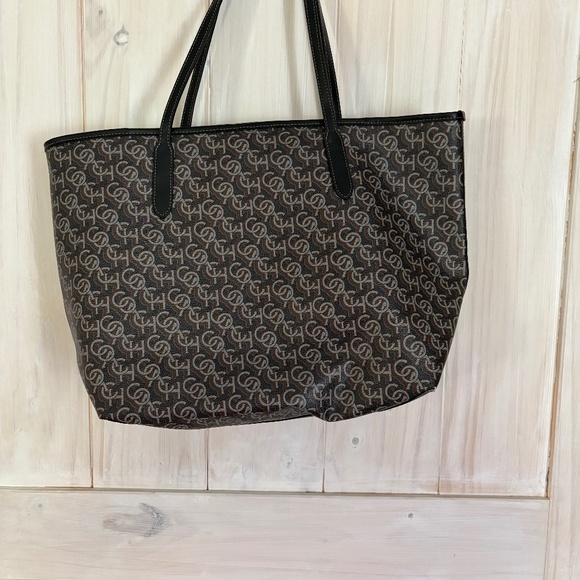 Coach Signature Canvas Tote Bag Brown Black Leather Trim Large Shopper with Dust - Picture 1 of 6